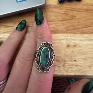 Sterling Silver 100% real Turquoise Oval Statement Ring - Green Turquoise